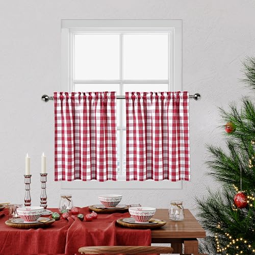 "Bapawfish Red and White Tier Kitchen Curtains 36 Inches Long,Burgundy Buffalo Plaid Gingham Rod Pocket Window Treatment Set Half Window Cafe Curtains for Kitchen Bathroom,28""x36"",Red/White,Set of 2"