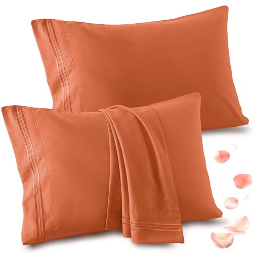 Vonty 2 Pack Pumpkin Orange Standard Pillowcases, 20x26, 1800 Microfiber - Envelope Closure No Hair Tangles, Embroidered Design, Breathable Moisture-Wicking, Gentle on Hair & Skin, Machine-Washable