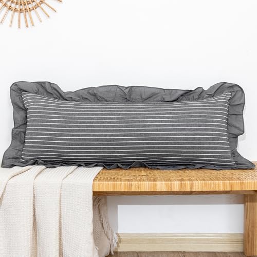 JoraLion 14x36 inch Scalloped Lumbar Pillow Cover, Gray Ruffle Throw Pillow Cover Striped Cotton Decor Couch Farmhouse Soft Cushion Case for Couch Sofa Bed Living Room, ONLY 1 Cover