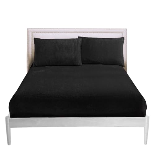 Gaveno Cavailia Teddy Fleece Luxurious Super Soft Warm and Cosy Fitted Bed Sheet (Black, Single Matching Fitted Sheet)