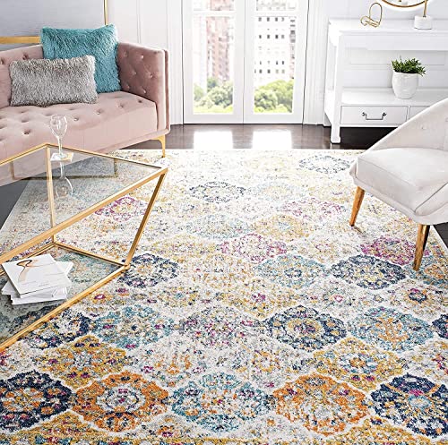 Safavieh Distressed Rug for Living Room, Dining Room, Bedroom - Madison Collection, Short Pile, in Cream and Multi, 200 x 200 cm