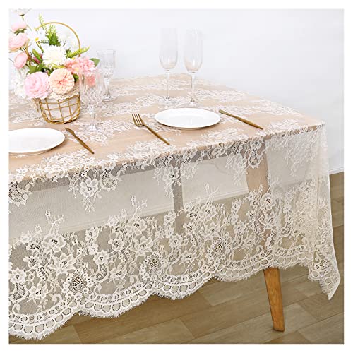 Fanqisi Ivory Lace Tablecloth 2 Pieces 60x120 Inches Classic Wedding Lace Tablecloths Overlay Party Table Cover for Bridal Shower Reception Table Decoration