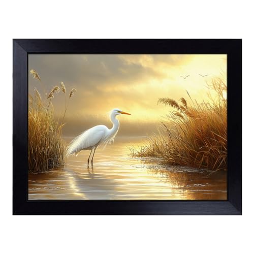 Lap Tray with Bean Bag Cushion, Crane Bird - Handmade in the UK, Raised Wooden Edge, Padded Cushion, Heat-Resistant Wipe-Clean Surface, for Meals, Laptops and Crafts