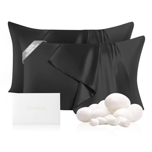 "THXSILK Set of 2 100% Mulberry Silk Pillowcase for Hair and Skin, Both Sides 22 Momme Pure Natural Silk Pillowcases, Soft Breathable Zipper Pillow Cases Queen Size 20""x30"", Black"
