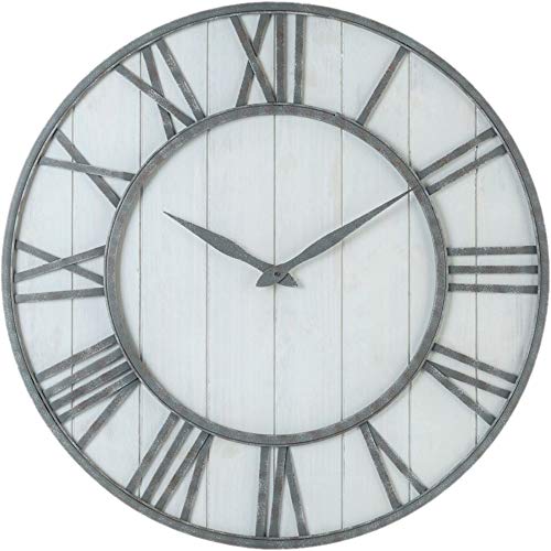 Oldtown Clocks Farmhouse Rustic Barn Vintage Bronze Metal & Solid Wood Noiseless Big Oversized Wall Clock 30-inch Whitewash