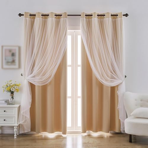 indistar Home Blackout Curtains Double Layer Solid Sheer Grommet Top Window Curtain Panel Pair, 52Wx108L,Beige