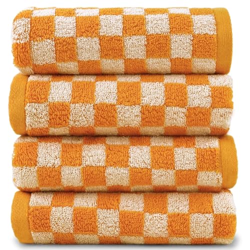 Jacquotha Soft Hand Towels 4 Pack, Orange Checkered Face Towel Set for Bathroom Kitchen, Fall Decorative Towel 13x29 Inches