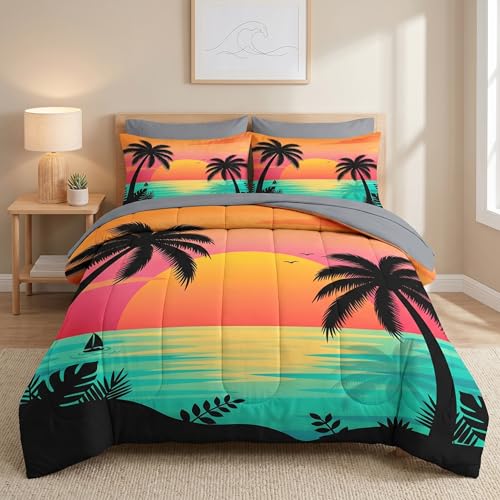 Pamnest King Comforter Set with Sheets, 7 Pieces Beach Sunset Bedding - Bed in A Bag for All Season, Palm Tree Tropical for Kids and Adults, 2 Pillowcases & 2 Shams