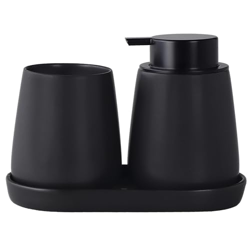 Eyrozia Matte Black Bathroom Accessory Set - 3pcs Ceramic Soap Dispenser Set Vanity Countertop Accessories Set, Includes Refillable Lotion Hand Soap Dispenser, Toothbrush Holder and Tray (Liquid Pump)