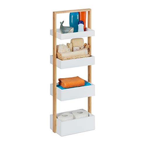 Relaxdays Bathroom Shelf, with 4 Shelves, Bamboo & MDF, Narrow Kitchen Storage, HxWxD: 88 x 30 x 18 cm, Shelving Unit