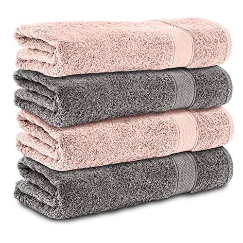 Komfortec Set of 4 Hand Towels 50 x 100 cm 100% Cotton - Terry cloth, soft and absorbent, ideal for bathroom and guests, anthracite grey/pink