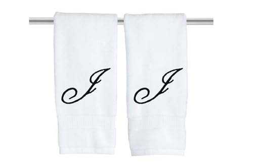 Decorvo White Monogrammed Hand Towels for Bathroom - Luxury Hotel Quality Personalized Initial Embroidered Towel for Powder Room, Spa - GOTS Organic Certified - Set of 2 Black Letter J