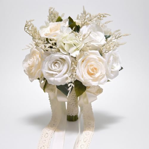 LESING Bridal Wedding Bouquets Artificial Rose Flowers Bouquet Handmade Romantic Wedding Bouquets for Bride Bridesmaid Holding Flowers (Bouquet-rose White 1)