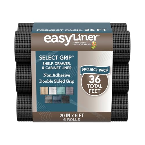 EasyLiner Select Grip Shelf Liner for Drawers & Cabinets - Easy to Install & Cut to Fit - Non Slip Non Adhesive Grip Shelf Liner Kitchen, Bathroom, Pantry - 20in. x 6ft.- 6 Roll Project Pack - Black