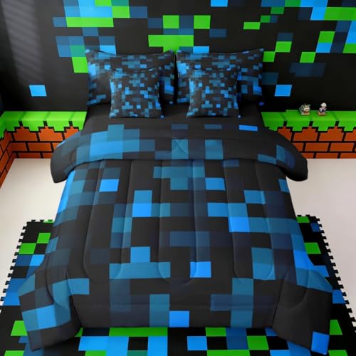 jejeloiu Pixelated Neon Blue Black Full Size Comforter Set with Sheets???Pillowcases & Cushion Cover 7 Piece Bedding Set Super Soft Kids Girls Boys Bedroom Decor Gamepad Grid Bed in a Bag