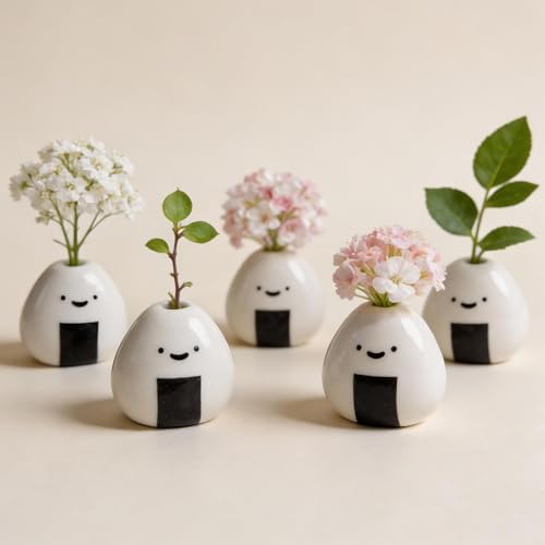 MOUGIGI 5 PCS Mini Flower Vase, Handmade Ceramic Rice Ball (Japanese Onigiri) Miniature Vases, Charming and Cute Design, Perfect for Dry Flowers - Bulk Bud Vases, Unique and Adorable Japanese Craft