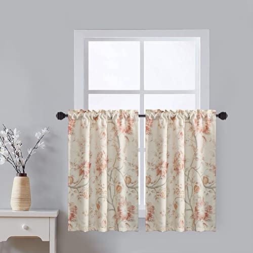 Leeva Watercolor Flower Pattern Half Curtain Tiers for Kitchen Farmhouse Style Short Solid Window Treatment Cafe Drapes for Bedroom, Pumpkin Red, 2 Panels Pair, 30 x 30