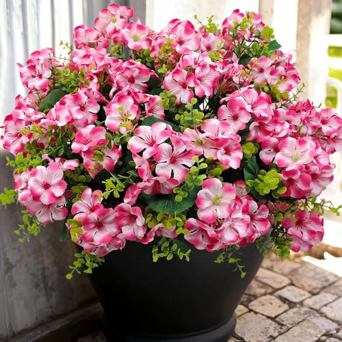 Guagb Artificial Geranium Flowers for Outdoor Decoration, 6 Bundles UV Resistant Silk Geranium Fake Plants Faux Flowers for Front Porch Garden Patio Window Box Outside Indoor Decor (Pink)