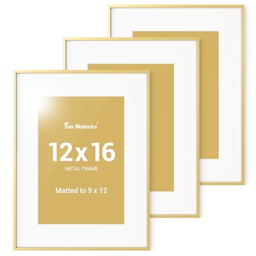 Fun Memories 12x16 Picture Frame with 9x12 Removable Mat, Gold Aluminum 12x16 Photo Frames with Plexiglass, Vertical and Horizontal Display, Wall Hook Hanging, Set of 1
