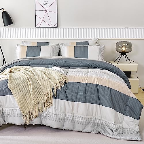 RYNGHIPY Full Size Comforter Set Beige Grey Striped Men Boys Bedding Set Soft All Season Down Alternative Comforter Bedding Sets (Full,Beige Grey)
