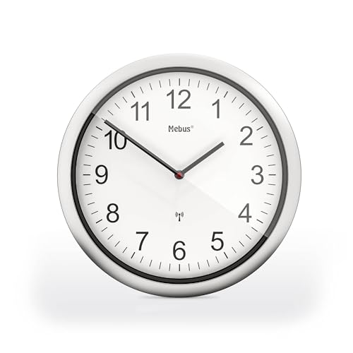 Mebus Radio Controlled Wall Clock 26 cm Silent Silver Frame White Dial Model 19809 - Easy to Read and Stylish