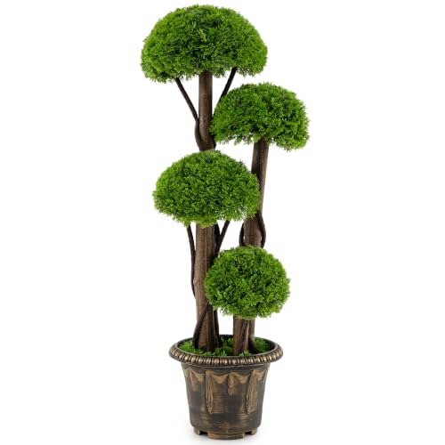 SPOTRAVEL Artificial Cypress Topiary Ball Tree 90cm - Artificial Cedar Plant with Cement Planter & Rattan Stem, Potted Faux Evergreen Bonsai for Indoor & Home Office Decoration