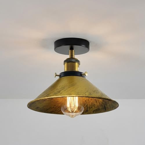 LEDSone Vintage Industrial Metal E27 Ceiling Light Fitting 22cm Brushed Brass Cone Lampshade Semi Flush Mount Lamp for Bedroom Livingroom Hallway with Bulb