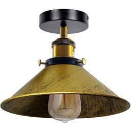 LEDSone Vintage Industrial Metal E27 Ceiling Light Fitting 22cm Brushed Brass Cone Lampshade Semi Flush Mount Lamp for Bedroom Livingroom Hallway with Bulb