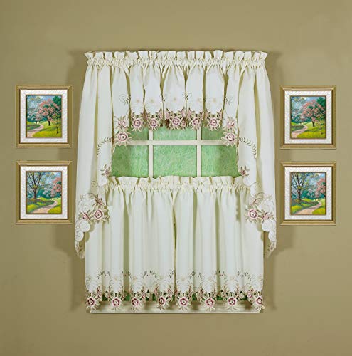 Today's Curtain Verona Reverse Embroidery Window Tier, 36-Inch, Ecru/Rose