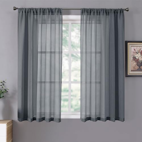 Tollpiz Short Sheer Curtains Living Room Linen Textured Curtain Sheers Light Filtering Voile Rod Pocket Curtains for Bedroom, 38 x 45 inches Long, Dark Grey, Set of 2 Panels