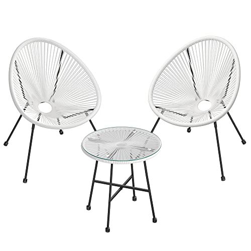 SONGMICS Garden Patio Furniture Set 3 Pieces, Acapulco Chair, Outdoor Seating, Glass Top Table and 2 Chairs, Indoor and Outdoor Conversation Set, White GGF013W02