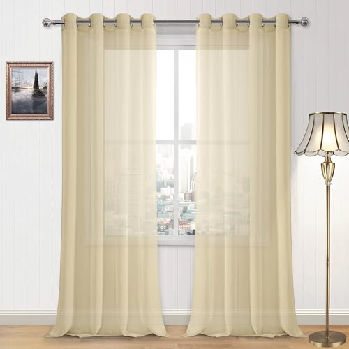DWCN Sheer Curtains, Grommet Faux Linen Look Voile Window Semi Sheer Curtains Drapes for Bedroom Living Room, Set of 2 Panels 52 x 90 Inch Long, Beige