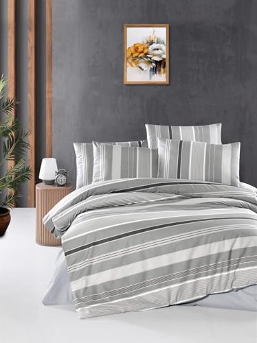 Nuit Des Rêves Ranforce Single XL Quilt Cover Set, 155 x 200 cm, 100% Cotton, Grey & White, Machine Washable, 145 Thread Count, Button & Envelope Closure, Cosy & Stylish Bedding