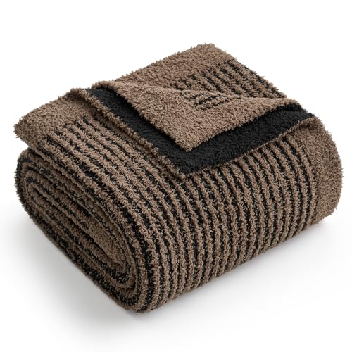 Snuggle Sac Ultra Soft Throw Blanket for Couch, Fuzzy Microfiber Knit Stripe Blankets for Couch, Sofa, Travel, Black Brown, 50x60 inches