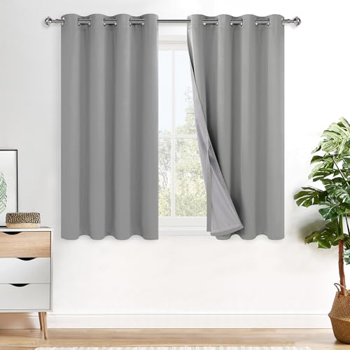 XWZO Full Shading Blackout Curtains 54 Inches Length with Tiebacks- Heat and Light Blocking Ring Top Window Drapes with Black Liner Backing for Bedroom/Kid's Room, Light Grey, W52 x L54, Set of 2