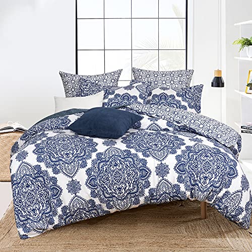 "PHF Ultra Soft Paisley Duvet Cover King Size, Printed Bedding Set 3 Pieces, Comfy Farmhouse Pattern Duvet Cover Set with 2 Pillow Shams, Zipper Closure and 8 Ties, 104""x90"", Royal Blue & White"
