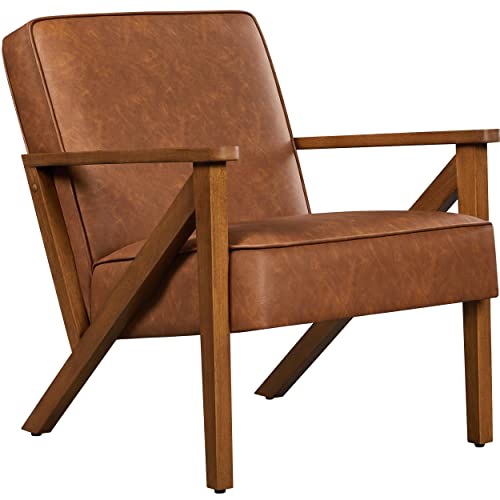Yaheetech PU Leather Armchair, Modern Tub Chair, Lounge Accent Chair with Wooden Frame and Comfy Seat for Living Room Bedroom Home Office Light Brown