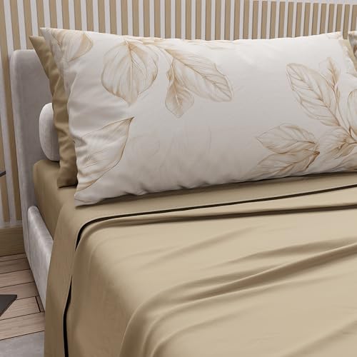 PETTI Artigiani Italiani - Double Bed Sheets Cotton with Pillowcases in Digital Print, Double Bed Sheet Floral Pattern 150 Taupe, 100% Made in Italy