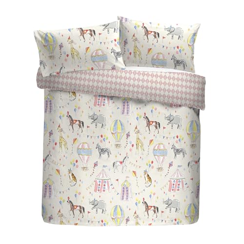 Bedlam Circus Time Duvet Cover Set, 100% Polyester, Single Size 140x200cm, Multi-Colour, Watercolour Circus Print, Reversible with Harlequin Pattern