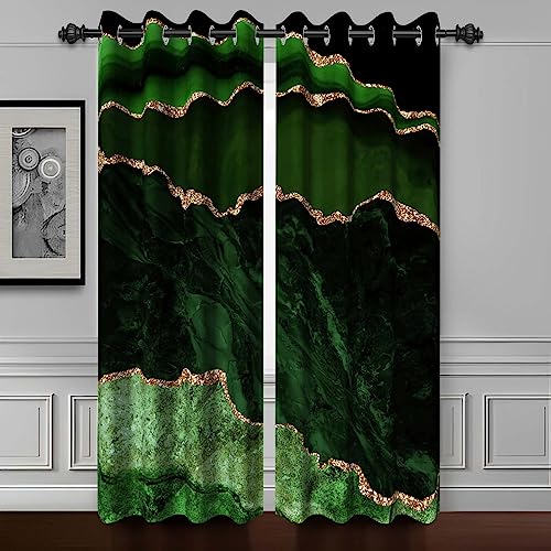 Baocicco Green Gold Marble Window Curtains - 2 Panels W53xL63 Inch, Luxury Gold Modern Design Grommets, Blackout Curtain for Bedroom & Living Room