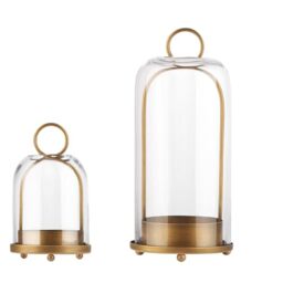 "5"" & 4"" Wide Versatile Metal Candle Holder with Handmade Sturdy Glass Dome in Brass for Pillar Candle & Plants, 5.1"" xH11.8 4"" xH7.5, Industrial, Farmhouse, Shabby Chic. (2, Brass, Large & Small)"