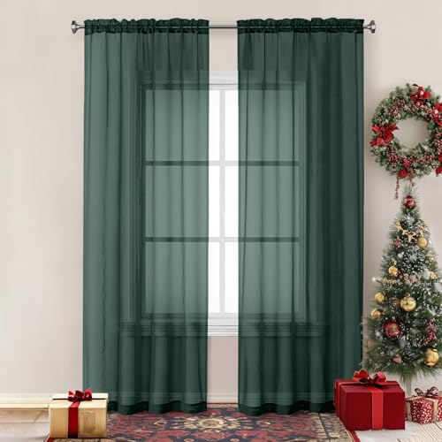 Chyhomenyc Hunter Green Sheer Curtains 84 inches Long 2 Panels Set, Light Filtering Rod Pocket Emerald Voile Sheer Drapes for Living Room Bedroom, 2PCS, Each 42W x 84L