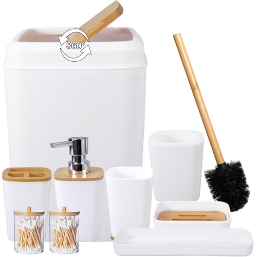 White Bathroom Accessories Set, 9 Piece Bathroom Accessory Set with Trash Can,Toothbrush Holder,Toothbrush Cup,Lotion Soap Dispenser,Vanity Tray,Soap Dish,Toilet Brush,Qtip Holder