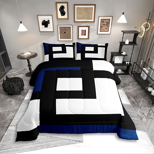 Erosebridal Blue Black and White Striped King Bedding Set Geometry Square Abstract Comforter Set for Adult Women Men Modern Geometric Stripes Bold Lines Bed Collections Minimalist Plaids Quilt Sets