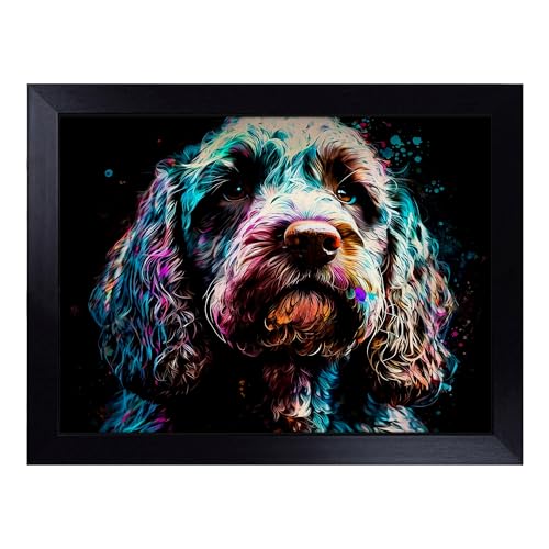 Lap Tray with Bean Bag Cushion, Cockapoo Expressionism - Handmade in the UK, Raised Wooden Edge, Padded Cushion, Heat-Resistant Wipe-Clean Surface, for Meals, Laptops and Crafts