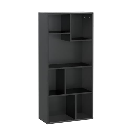 VECELO 4-Tier Bookcase, 7 Cube Wooden Bookshelf with Height Difference Shelves, Floor Standing Storage Display Unit for Living Room, Bedroom, Home Office