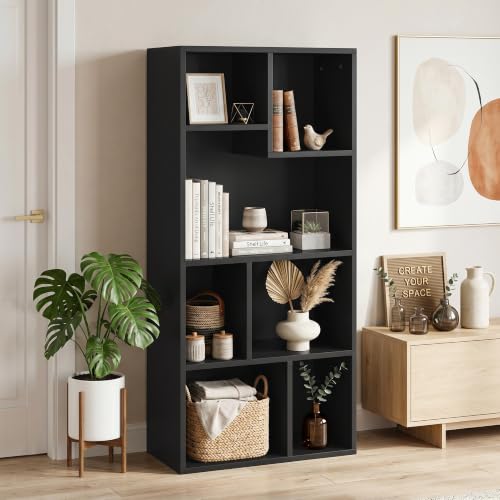 VECELO 4-Tier Bookcase, 7 Cube Wooden Bookshelf with Height Difference Shelves, Floor Standing Storage Display Unit for Living Room, Bedroom, Home Office