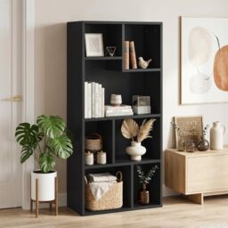 VECELO 4-Tier Bookcase, 7 Cube Wooden Bookshelf with Height Difference Shelves, Floor Standing Storage Display Unit for Living Room, Bedroom, Home Office