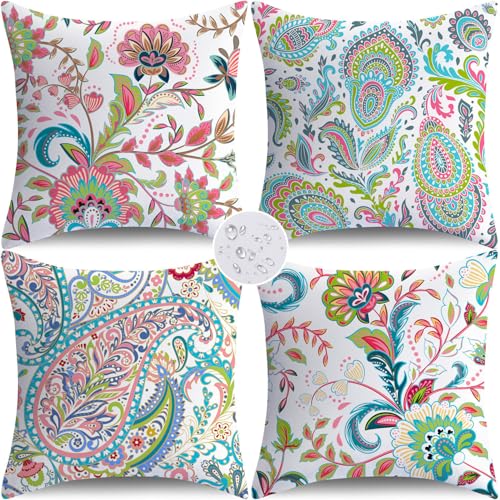 NIGHTWISH Outdoor Waterproof Pillow Covers 16x16 Set of 4 Paisley Decorative Outdoor Throw Pillows Floral Cushion Cases for Patio Furniture Bench Couch Sunbrella