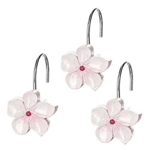 Creative Scents White Shower Curtain Hooks - Set of 12 White & Pink Flower Shower Curtain Hooks - Decorative Shower Curtain Rings for Shower Curtain - Blossom Shower Hooks for Shower Curtain (Vanda)